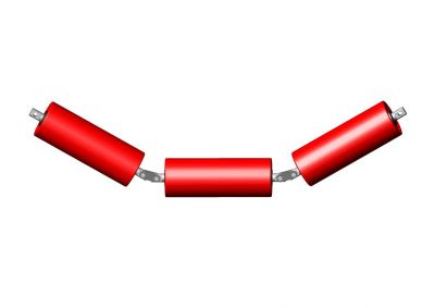 Flexible, 3-teilige Girlanden-Station in Muldenform mit gelenkig aufgehängten Tragrollen für den schweren Bandtransport