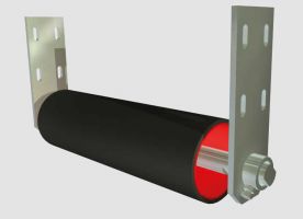 Dreidimensionale CAD-Zeichnung einer Zentrierrolle mit Montagehalterung zur visuellen Konstruktion von Förderbandanlagen